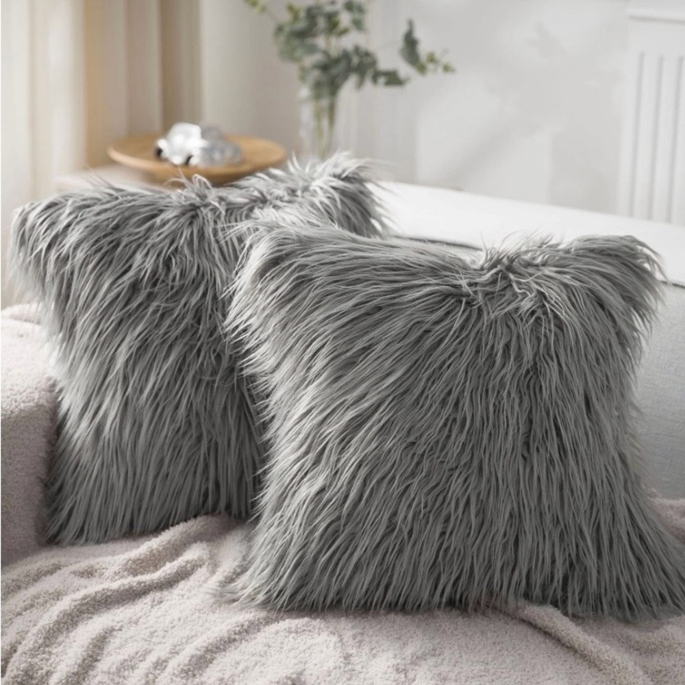 Gray Faux Fur Throw Pillow Covers  Set of 2
